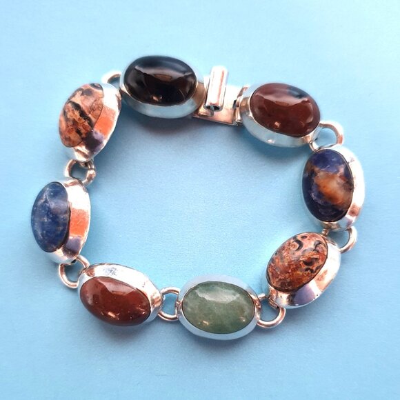 Chunky Vintage Taxco Mexico TH-75 Sterling Silver Multi-Gemstone Link Bracelet - Picture 3 of 16